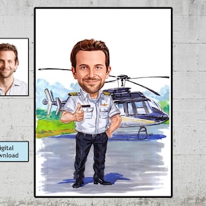 Retrato de desenho animado de piloto de helicóptero a partir de foto, presente engraçado de helicóptero para homens, desenho de caricatura de helicóptero, ideias de presentes para amantes de helicóptero