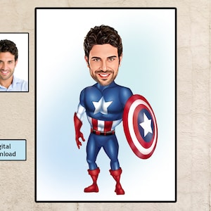Personalisiertes Superheld-Karikaturporträt, kundenspezifische Superheld-Karikaturzeichnung vom Foto, lustige Superheld-Karikatur, Geschenk für ihn
