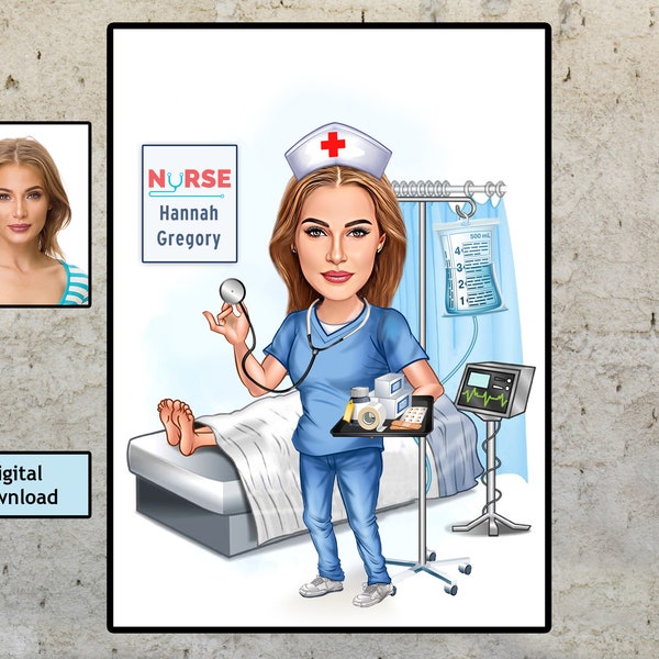 Nurse Caricature Gift Digital Download , Personalized Nurse Birthday Gift, Medical Student Graduation Card , Custom Nurse Coworker Gifts