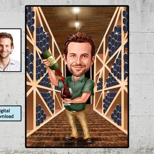 Cadeau wijnliefhebber - aangepast karikatuurportret van foto / cadeau sommelier / vader wijnliefhebber