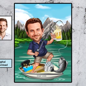 Custom caricature, Hunting Gift, Fishing, Personalised, created from photo, fisherman, Funny Drawing, fun caricature, Digital Download