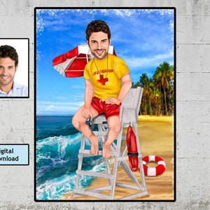 Lifeguard Cartoon, Rescuer Gift, Beach Lifeguard Caricature, life preserver gift, Unique and Fun Keepsake For Diver, Surfer, Beach Lifeguard