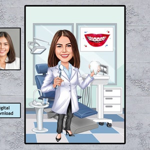 Custom Woman Dentist Cartoon Portrait, Dentist Portrait, Gift for Dentist, Dentist Gift, Dentist Cartoon, Dentist Caricature, Female Dentist