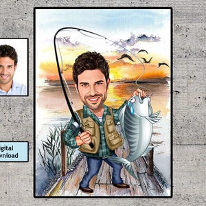 Customized Cartoon Fisherman, Custom Caricature Catch Fisherman Figure, Fishing Personalized Gift, Best Gift for Fisherman, Digital Download