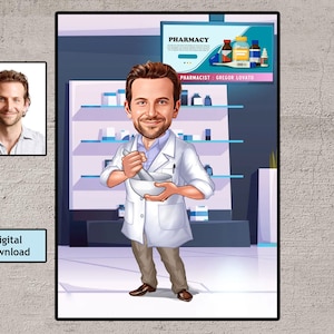 Regalo de farmacéutico masculino para hombres, Caricatura de farmacéutico masculino de la foto, Dibujo divertido de farmacéutico, Dibujo de dibujos animados de farmacéutico, Regalos de farmacia
