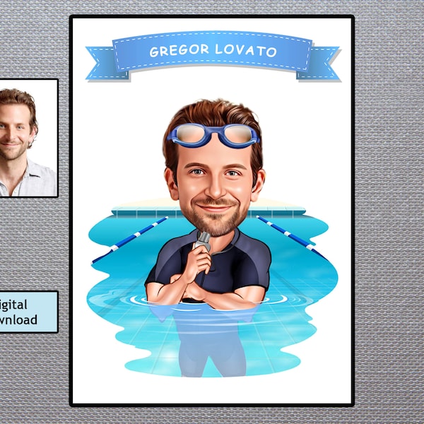 Custom Cartoon Portrait from Photo,Swim Coach Gift,Swim Gift Cartoon,Swim Coach Gifts Swimmer Gifts,Swimming Instructor,Swim Coach Cartoon