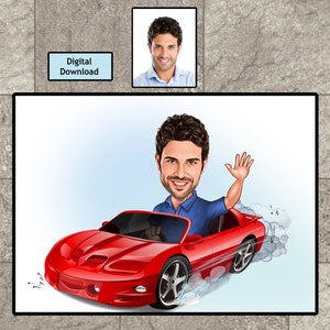 Personalized Caricature: Dapper Man by Red Luxury Sports Car - Custom Portrait Illustration, Bespoke Car Enthusiast Art, Custom Cartoon gift