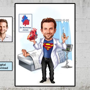 Super mannelijke cardioloog, hart arts cadeau, portret aangepaste cardioloog, karikatuur cardioloog, cartoon cardioloog, digitale download