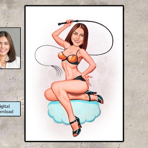 Custom Femdom Dominatrix Art: Cartoon Portrait from Photo (Digital File A3 Size