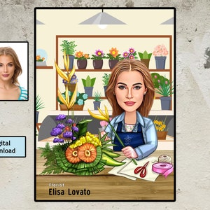 Geschenk für Floristen Karikatur angepasst, für Frauen, Floristen Geschenk - benutzerdefinierte Karikatur Porträt von Ihrem Foto, personalisierte Florist Cartoon