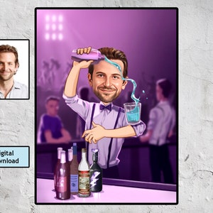 Gepersonaliseerde barmankarikatuur, mixoloog, barmangeschenken, barmancartoonillustratie, barmanportret van foto, digitale download