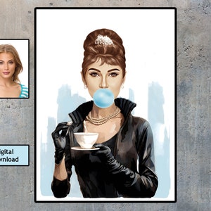 Personalized Bubble Gum illustration Photo Gift With, Audrey Hepburn Style, Every woman is a star, Modern Art Custom Cartoon Portrait