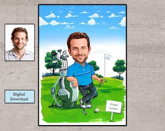 Personalized Golfer Caricature Portrait: Custom Golf Gift (Digital Download)