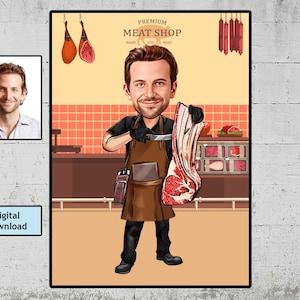 Custom Butcher Cartoon Portrait, Butcher Caricature, Gift for Male Butcher, Funny Butcher Caricature from Photo, Butcher Digital Portrait