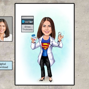 Caricatura de médica personalizada, retrato de super médica, caricatura de foto, super mulher médica, presente de caricatura, download digital