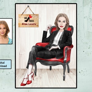 Big Boss Caricature for Woman , Business Woman Caricature,  Funny Caricature, Personalized Gift, Mrs. Banker Caricature, Digital Download