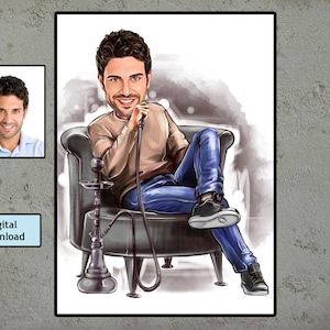 May include: A digital illustration of a man sitting in a chair with a hookah. He is wearing blue jeans and a brown sweater. The background is a light gray with a watercolor effect.