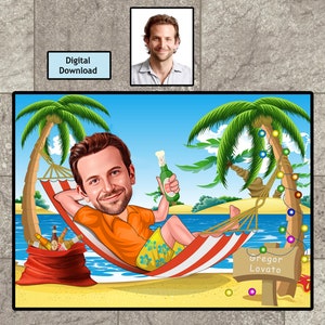 Beach Theme Caricature Digital Portrait , Custom Holiday, Vacation Caricature From A Photo, Caricature Gifts, Retirement, Digital Download