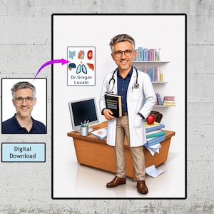 Könnte beinhalten: Eine digitale Illustration eines Arztes mit grauem Haar und Brille, bekleidet mit einem weißen Laborkittel, einem blauen Hemd und einer beigen Hose. Der Arzt steht an einem Schreibtisch aus Holz mit Computer, Büchern und einer Grafik.