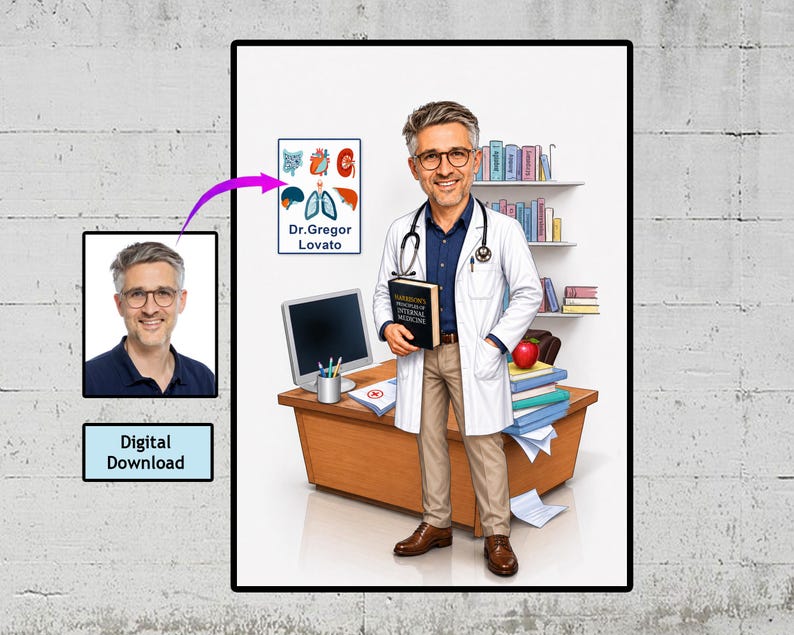 K&ouml;nnte beinhalten: Eine digitale Illustration eines Arztes mit grauem Haar und Brille, bekleidet mit einem wei&szlig;en Laborkittel, einem blauen Hemd und einer beigen Hose. Der Arzt steht an einem Schreibtisch aus Holz mit Computer, B&uuml;chern und einer Grafik.