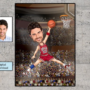 Retrato de caricatura personalizada - presente divertido de basquete, presente para amantes de esportes de basquete, basquete, desenho de caricatura de desenho animado esportivo personalizado