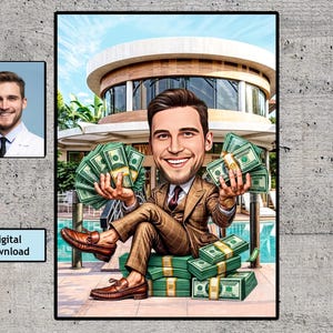 Funny Caricature for Man , Money, CEO Caricature, Big Boss Caricature, Personalized Gift, Businessman Caricature, Digital Download
