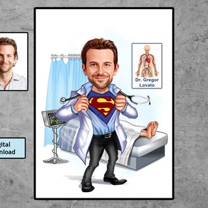 Super Doctor Caricature, Custom Portrait Gift, Cartoon gift special with our name, Retirement Gift Him Her Men Birthday Gift, Download
