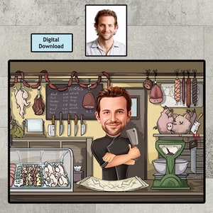 Cadeau slager - aangepaste karikatuur, aangepaste slager cartoonportret, karikatuur slager, mannelijke slager, grappige slagerskarikatuur van foto