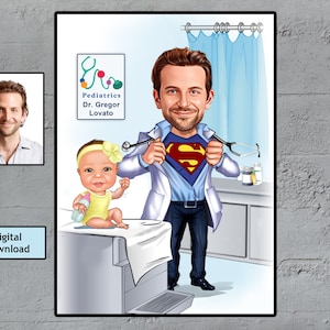 Personalized Pediatrician Cartoon Portrait Super Pediatric Doctor Caricature, Cartoon from Photo, Funny Pediatrician Gift, Super Doctor Gift