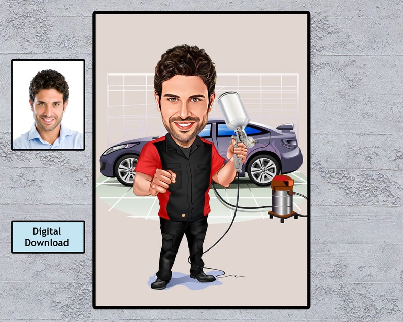 May include: A cartoon illustration of a person holding a paint sprayer in front of a car. The person is wearing a red and black shirt and blue jeans. The car is gray and has a black grill. The background is a light gray with a grid pattern. The text 'Digital Download' is displayed in a blue rectangle at the bottom left of the image.