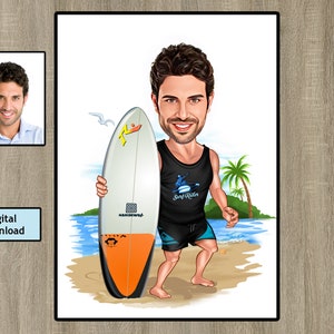 Surfing Cartoon Drawing from Photo, Custom Surf Boy Gift, Funny Surf Gift for Men, Surf Caricature Portrait from Photo, Surf Lover Gift Idea