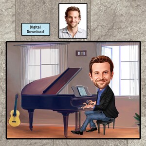 Piano Cartoon tekening van foto, grappig piano cadeau voor mannen, pianist karikatuur portret van foto, pianoleraar karikatuur portret