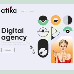 K&ouml;nnte beinhalten: Eine Landingpage f&uuml;r eine Digitalagentur mit dem Text atika, Digital agency, About Us, Support und Get Started. Das Layout enth&auml;lt geometrische Formen in Gr&uuml;n, Orange und Schwarz sowie eine Illustration einer Person, die einen Stift h&auml;lt.