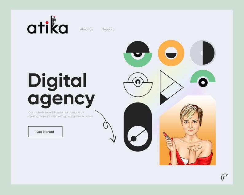 K&ouml;nnte beinhalten: Eine Landingpage f&uuml;r eine Digitalagentur mit dem Text atika, Digital agency, About Us, Support und Get Started. Das Layout enth&auml;lt geometrische Formen in Gr&uuml;n, Orange und Schwarz sowie eine Illustration einer Person, die einen Stift h&auml;lt.