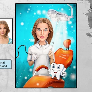 Zahnärztin Karikatur, Zahnarzthelferin Geschenk, benutzerdefinierte Karikatur Porträt von Ihrem Foto, zahnmedizinisches Studentengeschenk Dental Cartoon Geschenke