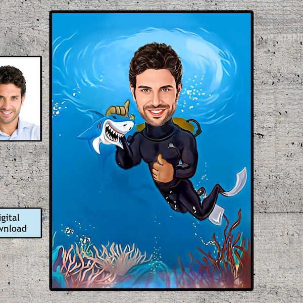 Diver Caricature Art, Scuba Diver Gift, For Diver Cartoon, Swimmer Diving Wall Art Underwater Caricature Poster | Downloadable Digital Art