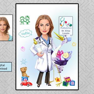 Custom Pediatric Doctor Caricature Portrait: Unique Doctor Gift (Digital Download)