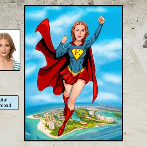 Gepersonaliseerde superheld SUPERWOMAN cartoon aangepaste karikatuur van foto digitaal portret cadeau Moederdag cadeau verjaardagscadeau, digitale download