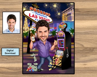 Personalisierte Las Vegas-Karikatur, benutzerdefinierte Kasino-Karikatur, Geschenk vom Foto, Glücksspiel-Karikatur, Las Vegas-Karikatur, Poker-Spieler-Geschenk