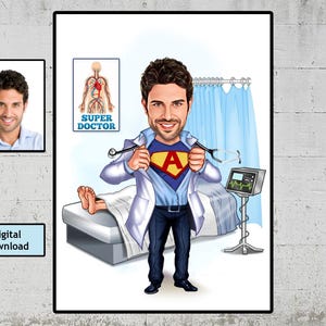 Personalized Super Doctor Cartoon Portrait, Doctor Caricature from Photo, Funny Doctor Gift, Doctor Caricature, Birthday Gift, Male Doctor