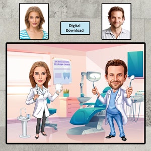 Retrato de caricatura de dentista personalizado de una mujer y un hombre, retrato de dentista, regalo para dentista, caricatura de dentista, caricatura de foto, dibujo