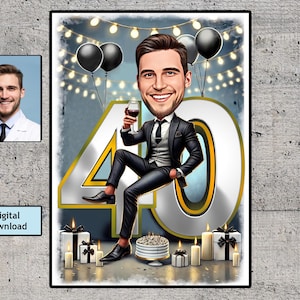 Customized 40th Cartoon Portrait, Personalized Happy Birthday Caricature Drawing, Funny Caricature, Gift for Him, Happy 30th 50th, 60th 70th