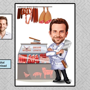 Aangepaste slager cartoon portret, slager karikatuur, cadeau voor mannelijke slager, grappige slager karikatuur van foto, slager digitaal portret