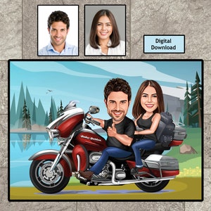 Retrato de pareja de motociclistas, Día de San Valentín de dibujos animados personalizados, Ideas de regalos de decoración, Hombres Mujeres Motociclistas, Regalo de bodas, Descarga digital