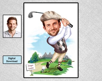 Personalized Golfer Caricature Portrait: Custom Cartoon Gift (Digital File)