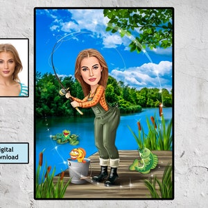 Fishing Female Caricature Fisherman Gift, Fishing Girl Cartoon, Fishing Lover, fishwife Figure, Fishing Gift, Best Gift for fishwife