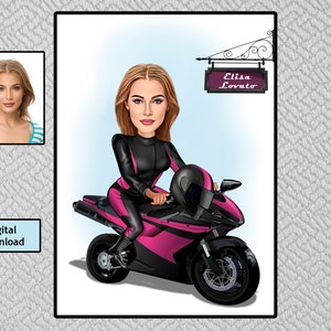 Personalized Biker Drawing / Woman Biker Cartoon Drawing / Woman Biker Drawing, Motorcycle Riders, Motorcycle Lovers, Digital Download