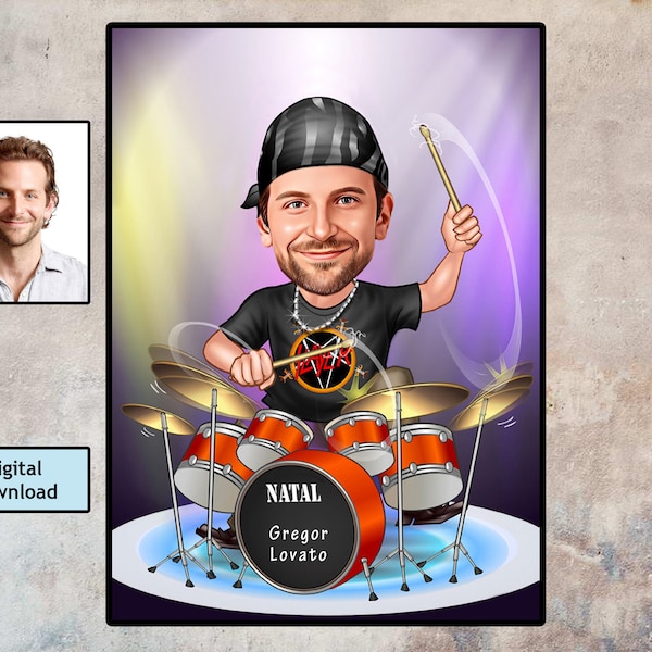 Drummer Gift, Drummer Caricature from Photo, Funny Drummer Drawing Art, Funny Drummer Digital Portrait, Drummer Cartoon Drawing from Photo