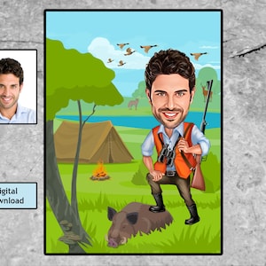 Retrato de dibujos animados de cazador personalizado, retrato de cazador, regalo para cazador, caricatura de cazador, regalo de cazador único, caricatura de cazador de foto