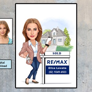Realtor Gift for Women, Custom Realtor Caricature from Photo, Funny Real Estate Sales Agent Gift, Female Realtor Cartoon Drawing Portrait